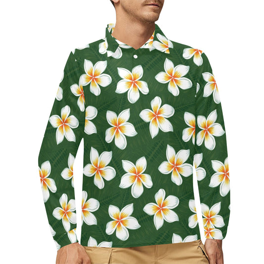 White Plumeria Pattern Print Design PM020 Long Sleeve Polo Shirt For Men's