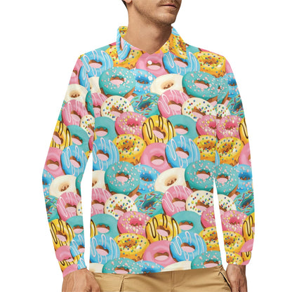 Donut Pattern Print Design DN01 Long Sleeve Polo Shirt For Men's