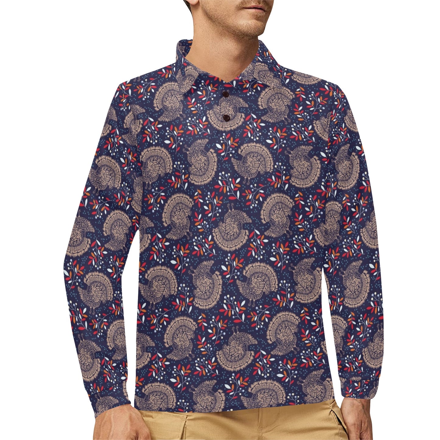 Turkey Print Design LKS401 Long Sleeve Polo Shirt For Men's