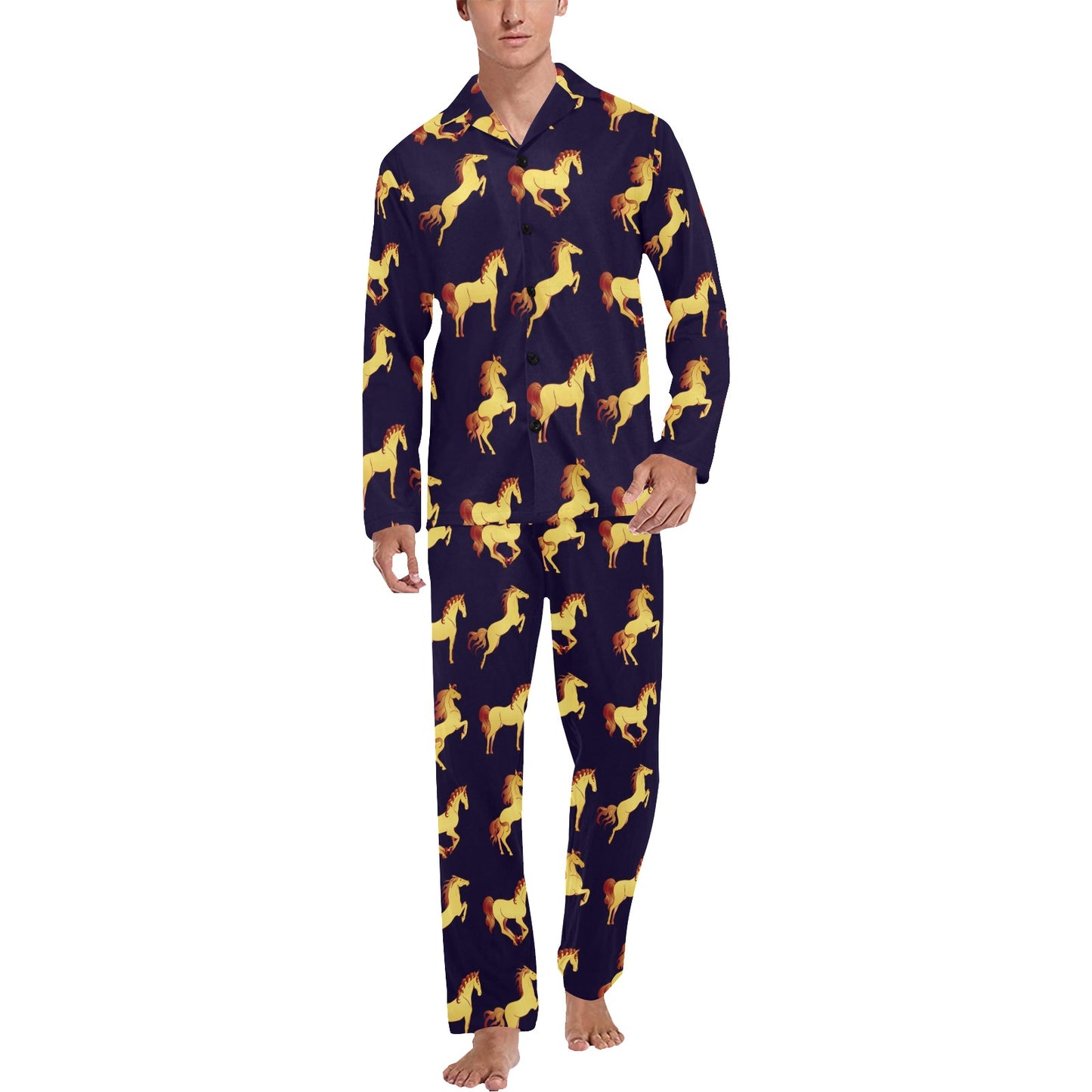 Gold Horse Pattern Men's Long Pajama Set