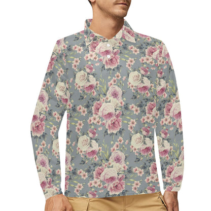 Peony Pattern Print Design PE05 Long Sleeve Polo Shirt For Men's