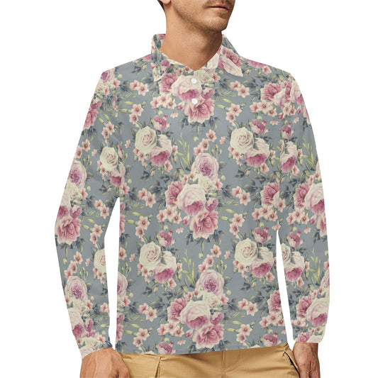Peony Pattern Print Design PE05 Long Sleeve Polo Shirt For Men's
