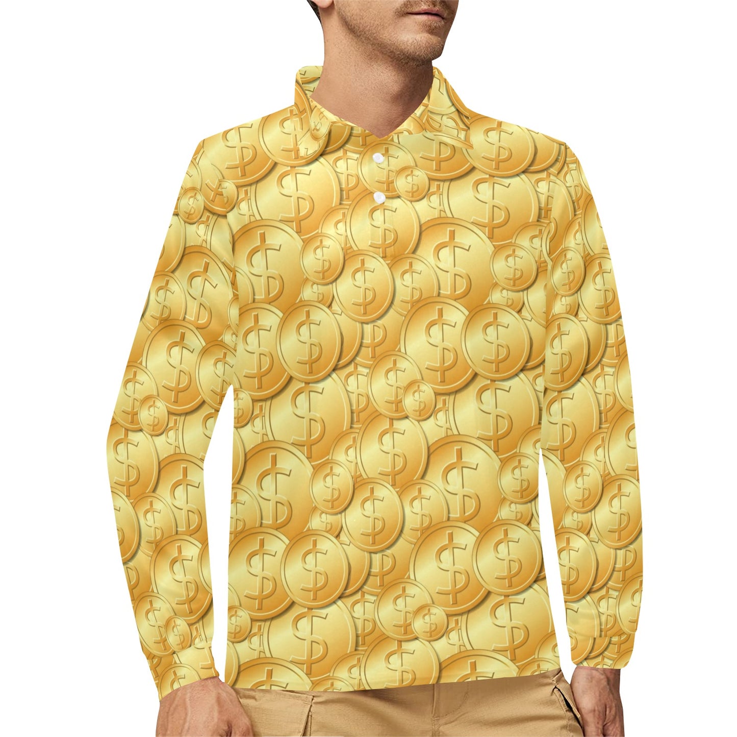 Dollar Pattern Print Design DO03 Long Sleeve Polo Shirt For Men's