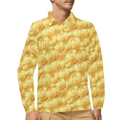 Dollar Pattern Print Design DO03 Long Sleeve Polo Shirt For Men's