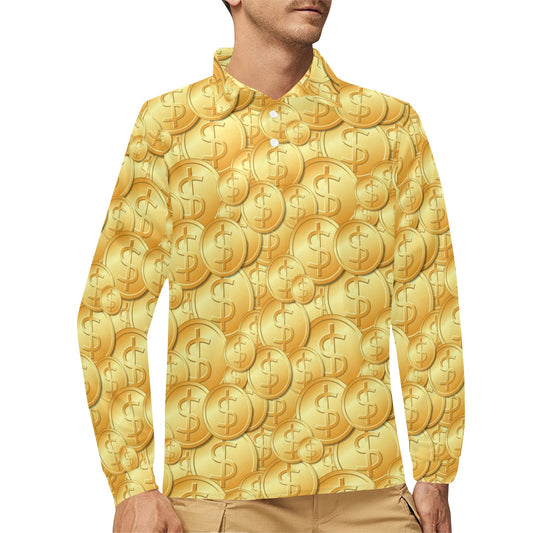 Dollar Pattern Print Design DO03 Long Sleeve Polo Shirt For Men's