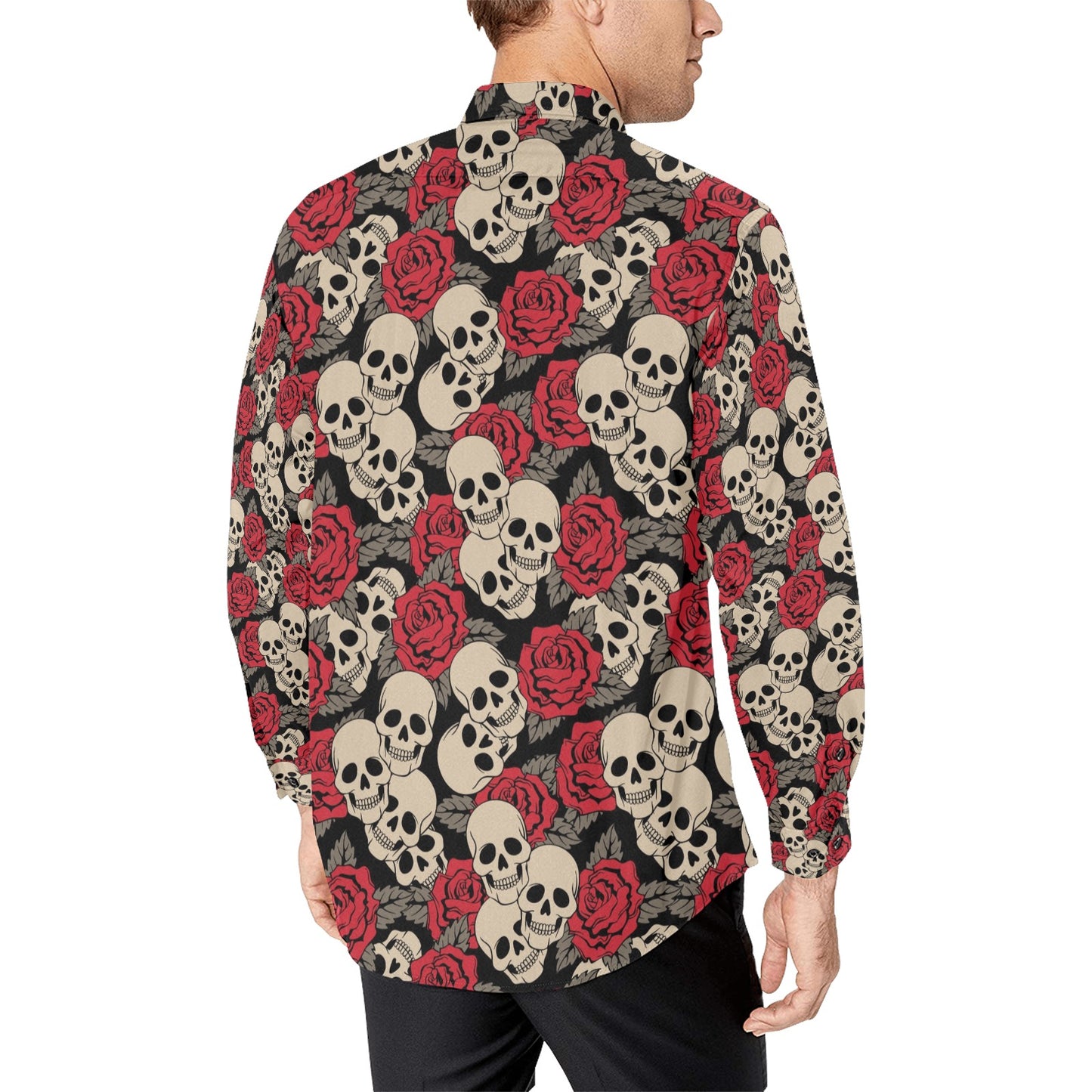 Skull And Roses Print Design LKS301 Men's Long Sleeve Dress Shirt