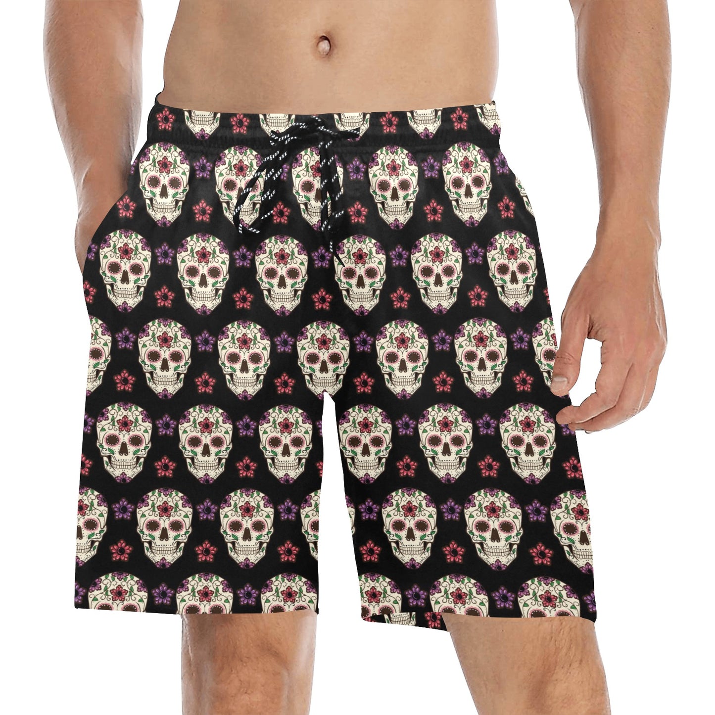 Sugar Skull Print Design LKS304 Men's Swim Trunks Beach Shorts