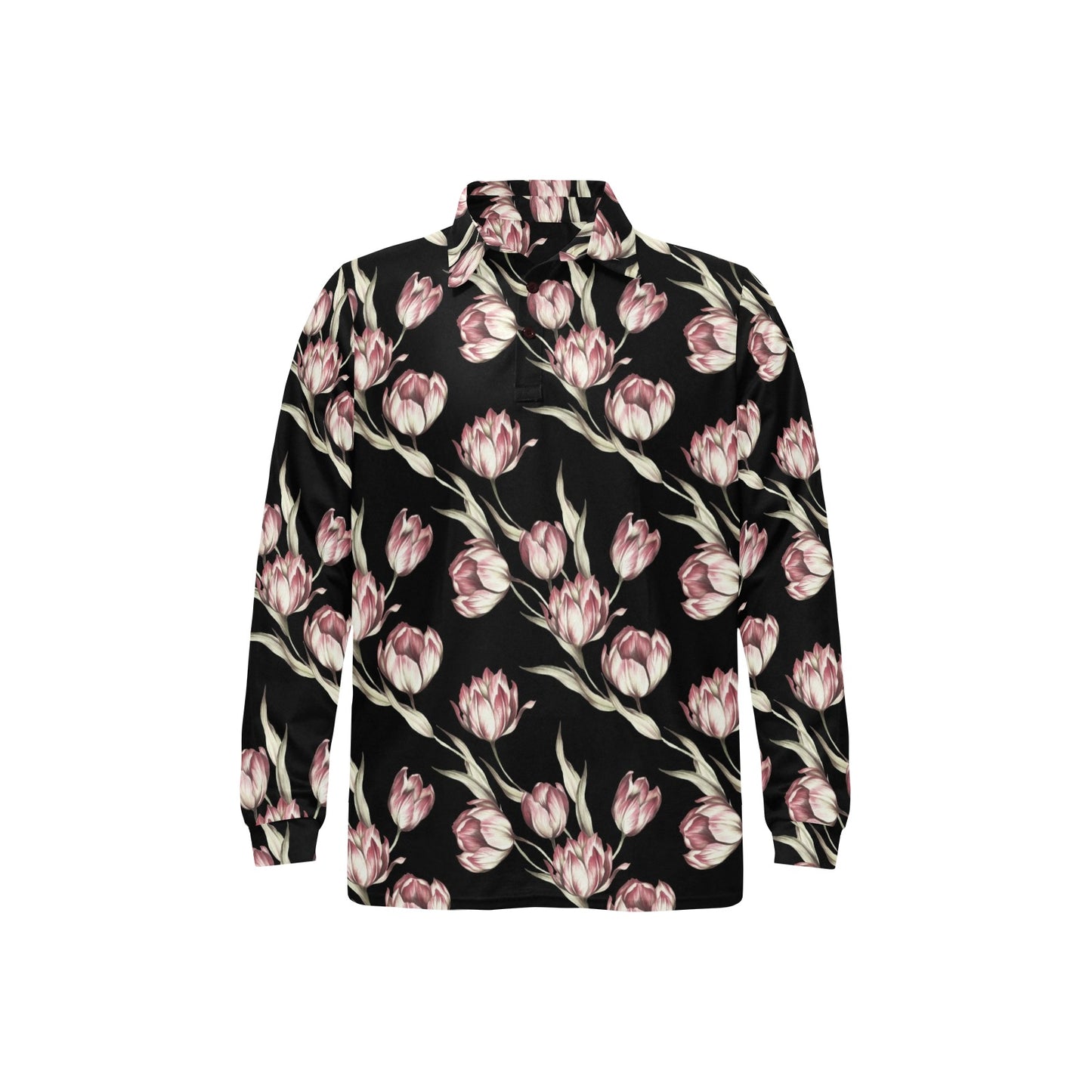 Tulip Pink Pattern Print Design TP02 Long Sleeve Polo Shirt For Men's