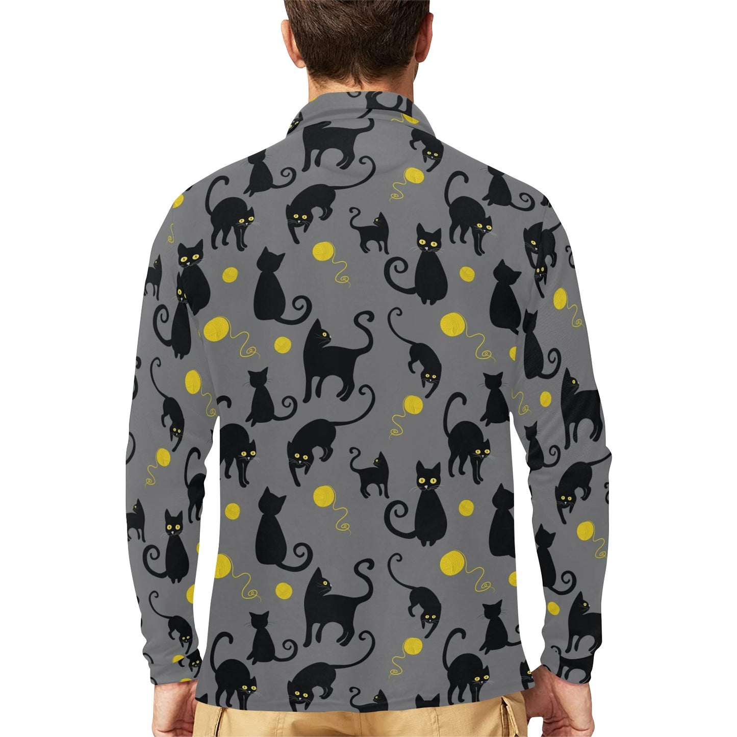 Black Cat Yellow Yarn Print Pattern Long Sleeve Polo Shirt For Men's