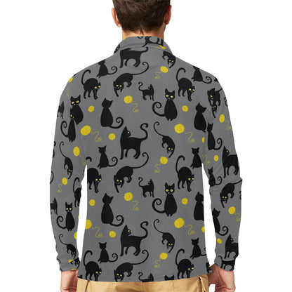 Black Cat Yellow Yarn Print Pattern Long Sleeve Polo Shirt For Men's