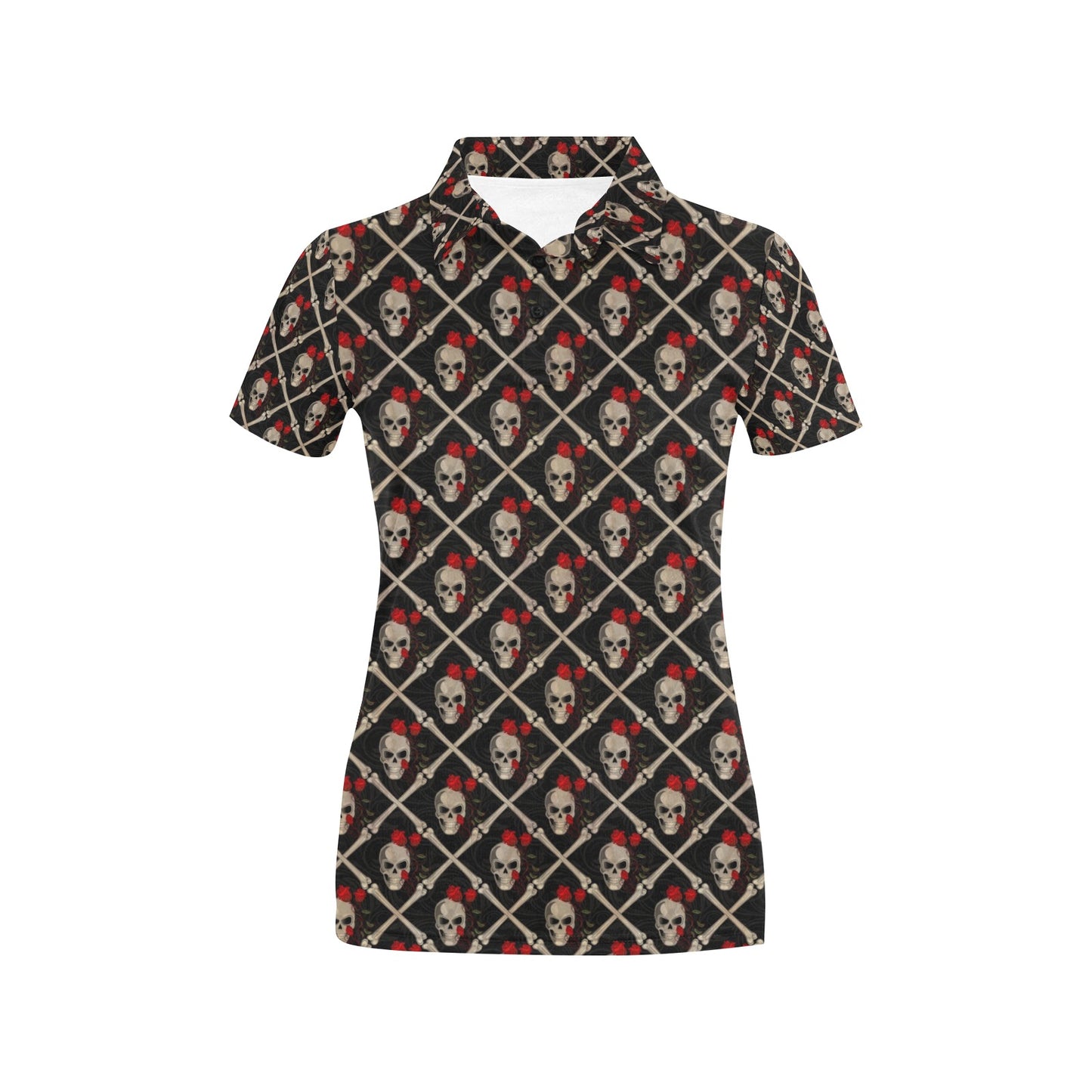 Skull Roses Bone Design Themed Print Women's Polo Shirt