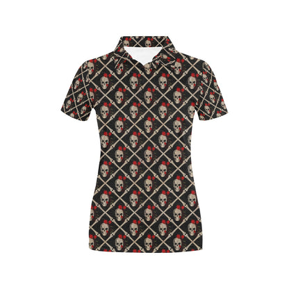 Skull Roses Bone Design Themed Print Women's Polo Shirt