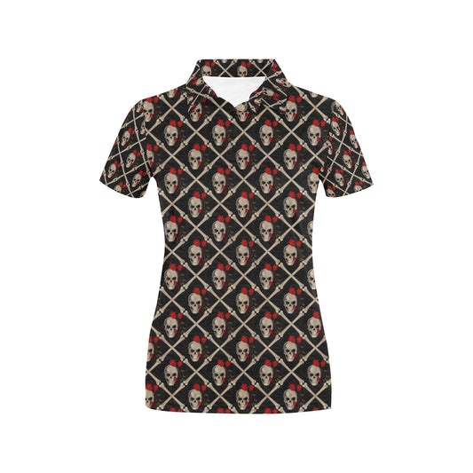 Skull Roses Bone Design Themed Print Women's Polo Shirt