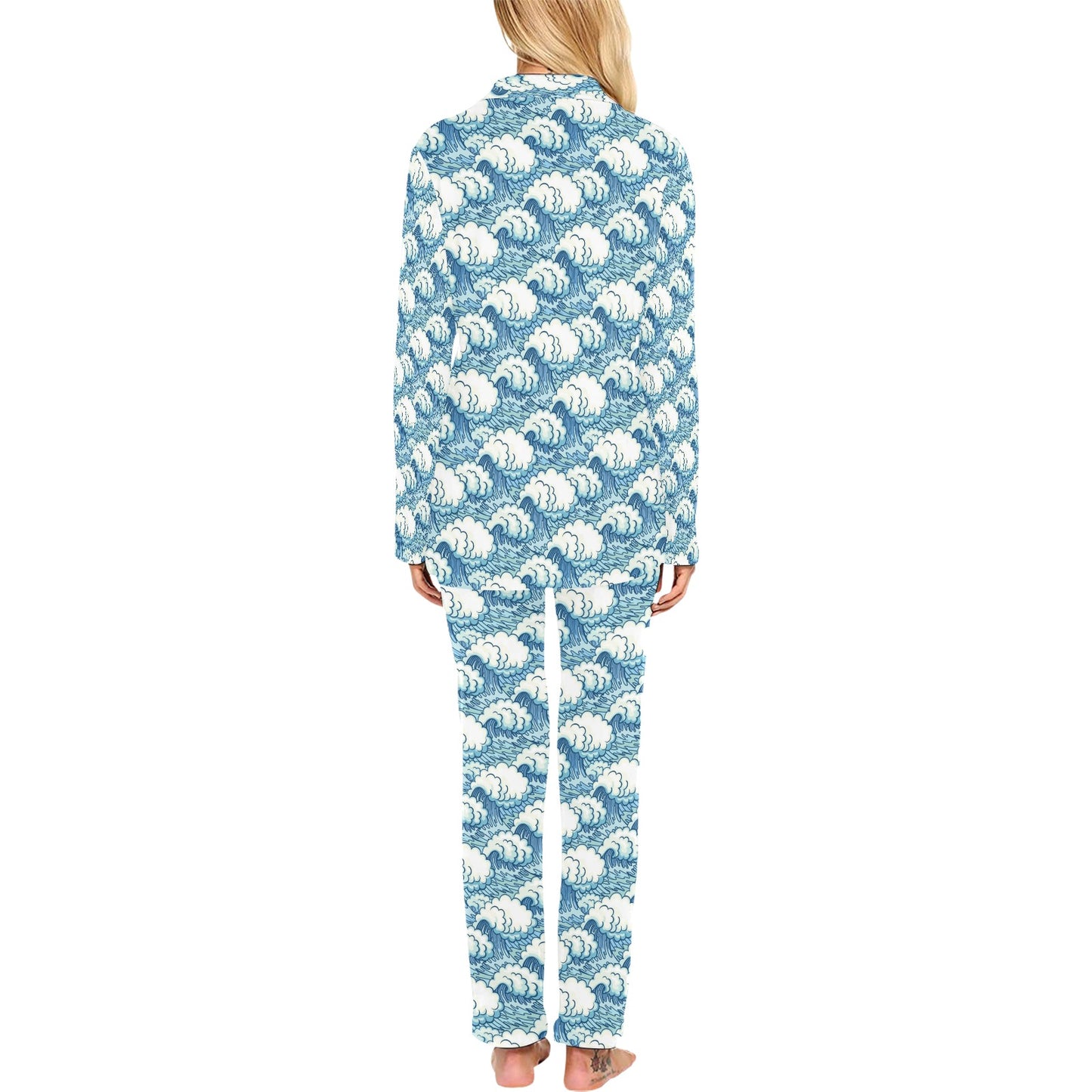 Wave Japan Style Print Design LKS304 Women's Long Pajama Set