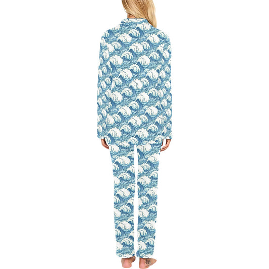 Wave Japan Style Print Design LKS304 Women's Long Pajama Set