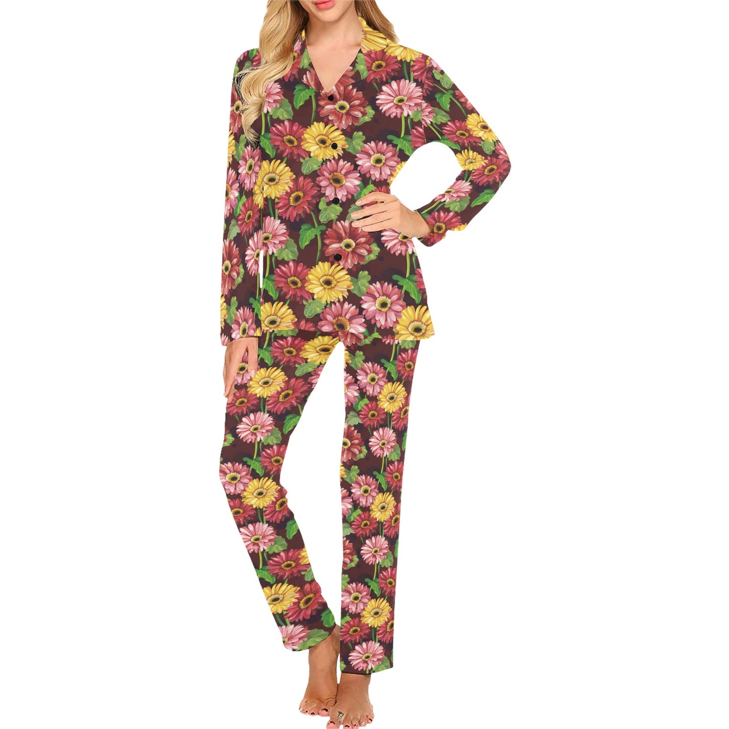 Daisy Gerbera Print Pattern Women's Long Pajama Set