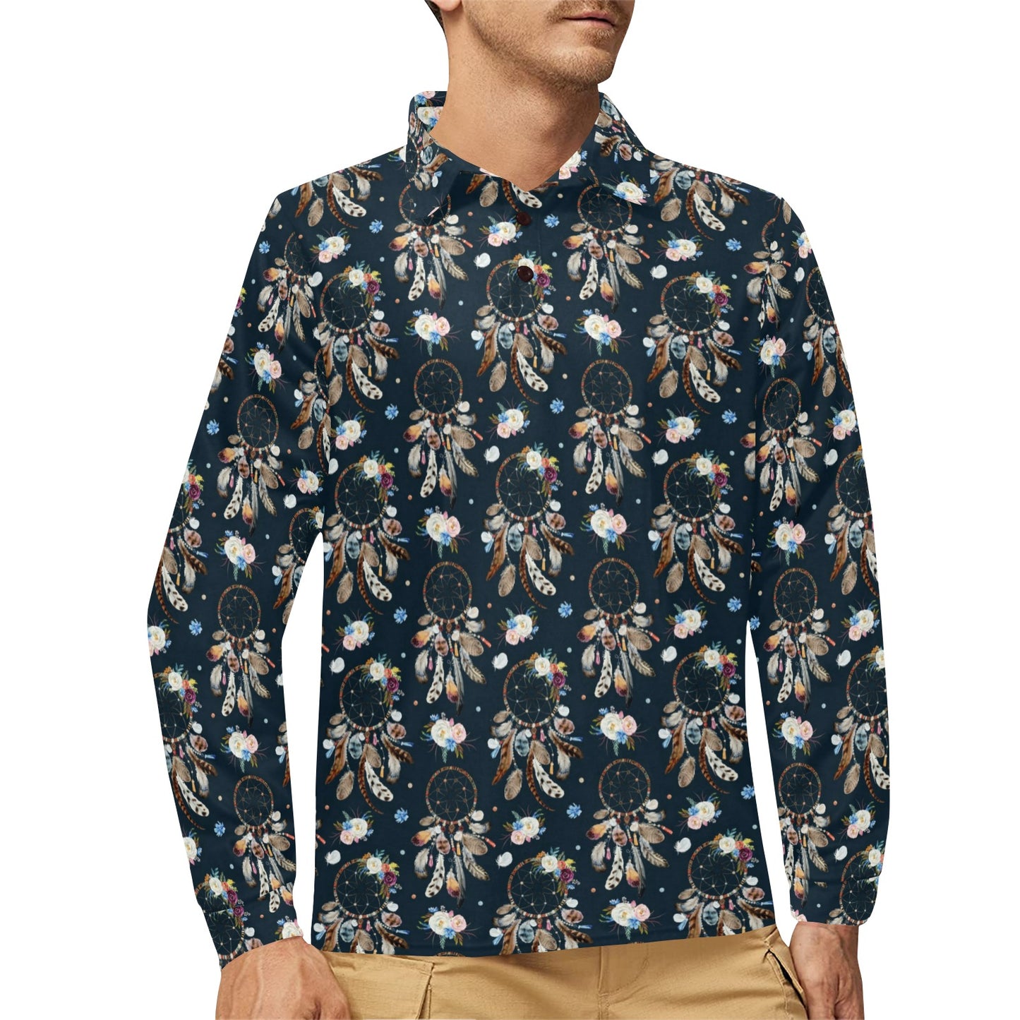 Dream Catcher Boho Floral Style Long Sleeve Polo Shirt For Men's