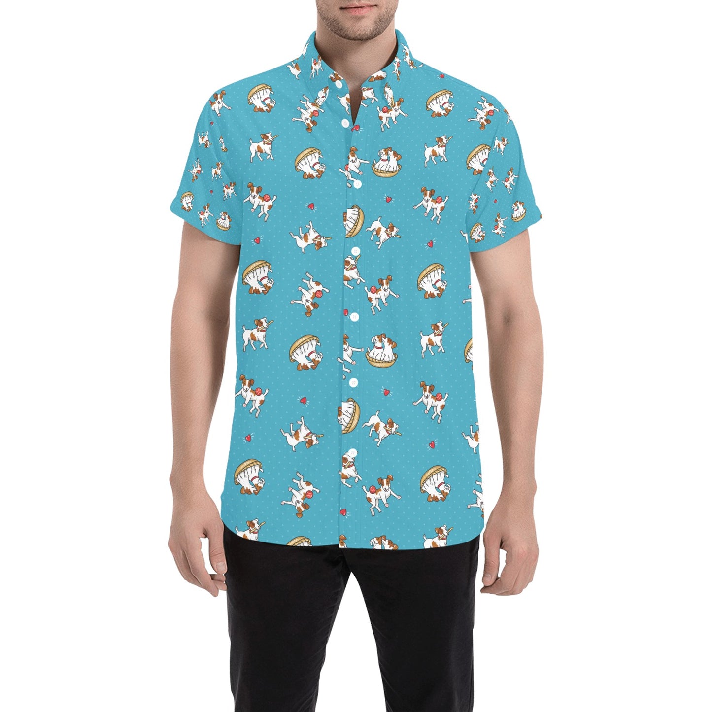 Russell Terriers Playing Print Design LKS305 Men Short Sleeve Button Up Shirt