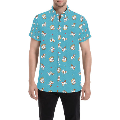 Russell Terriers Playing Print Design LKS305 Men Short Sleeve Button Up Shirt