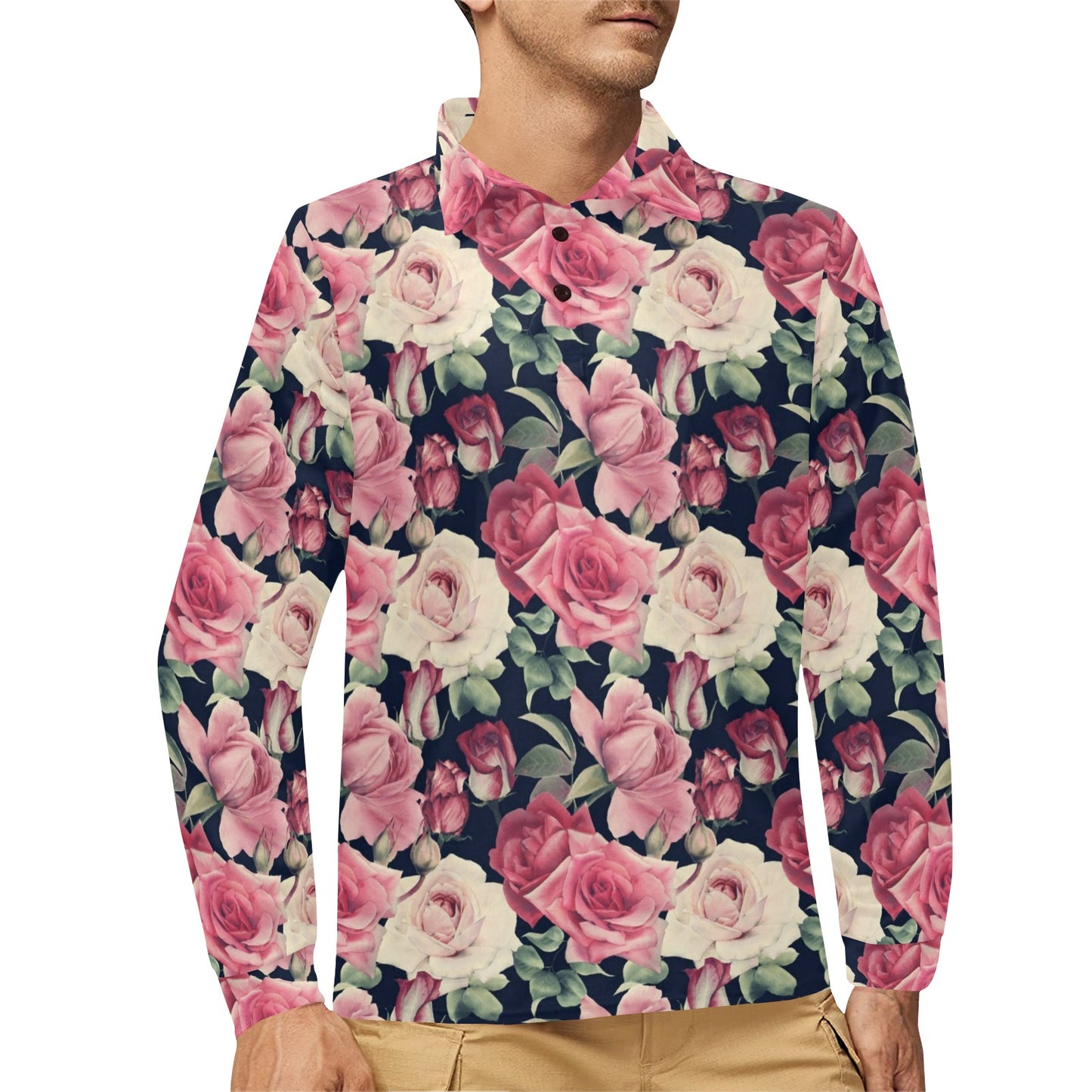 Rose Pattern Print Design RO05 Long Sleeve Polo Shirt For Men's