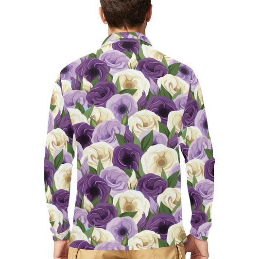 Lisianthus Pattern Print Design LT01 Long Sleeve Polo Shirt For Men's