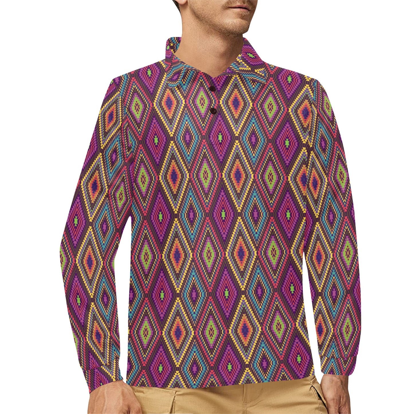 Southwestern Print Long Sleeve Polo Shirt For Men's