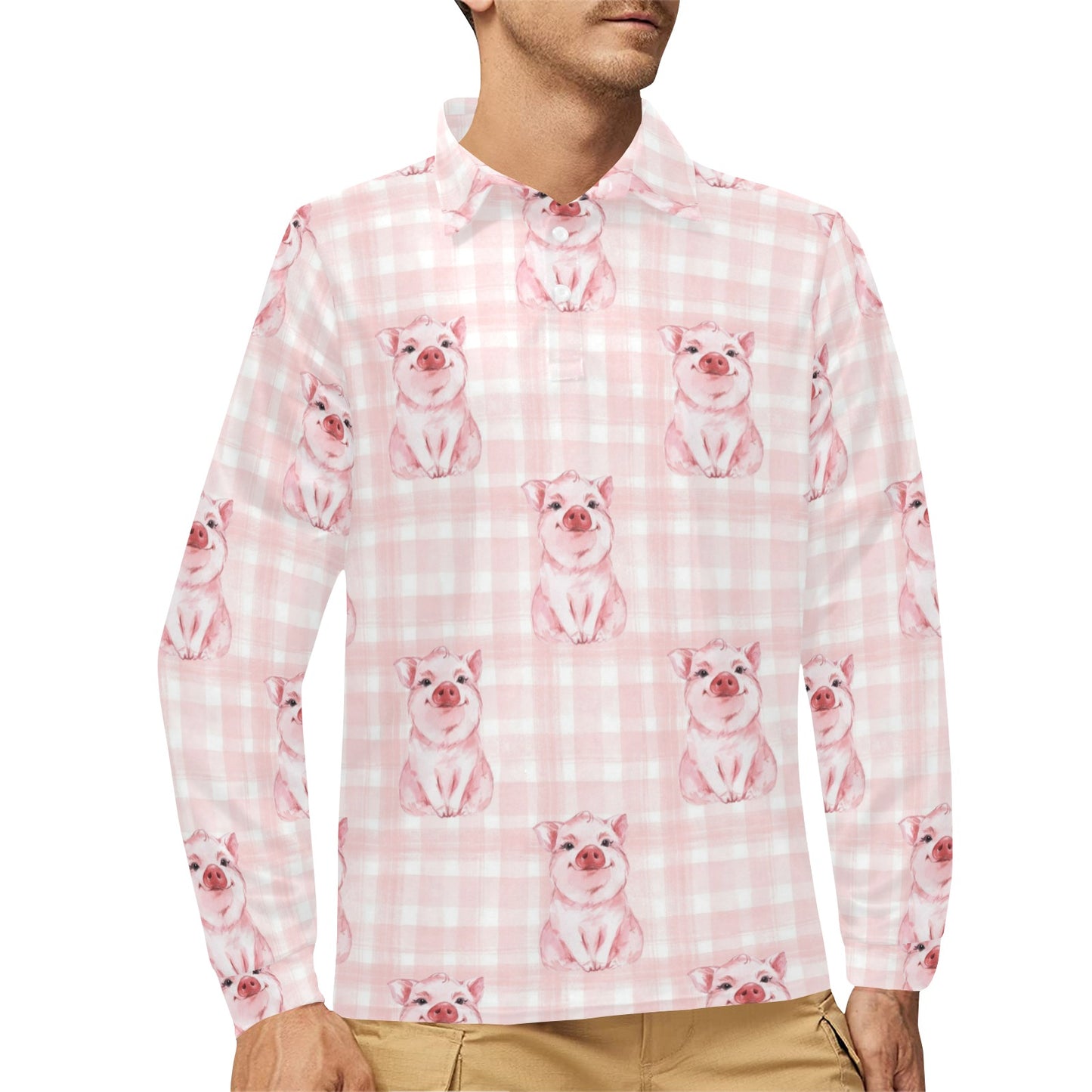 Pig Baby Pattern Print Design 01 Long Sleeve Polo Shirt For Men's