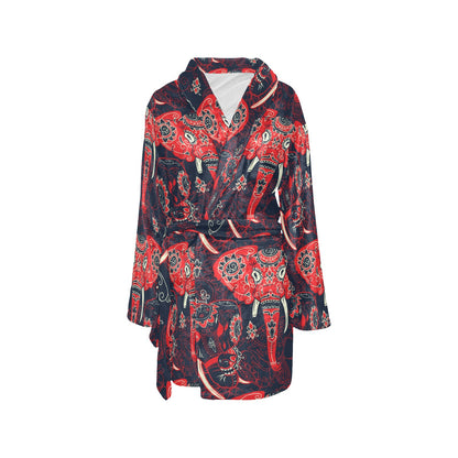 Red Indian Elephant Pattern Women's Fleece Robe