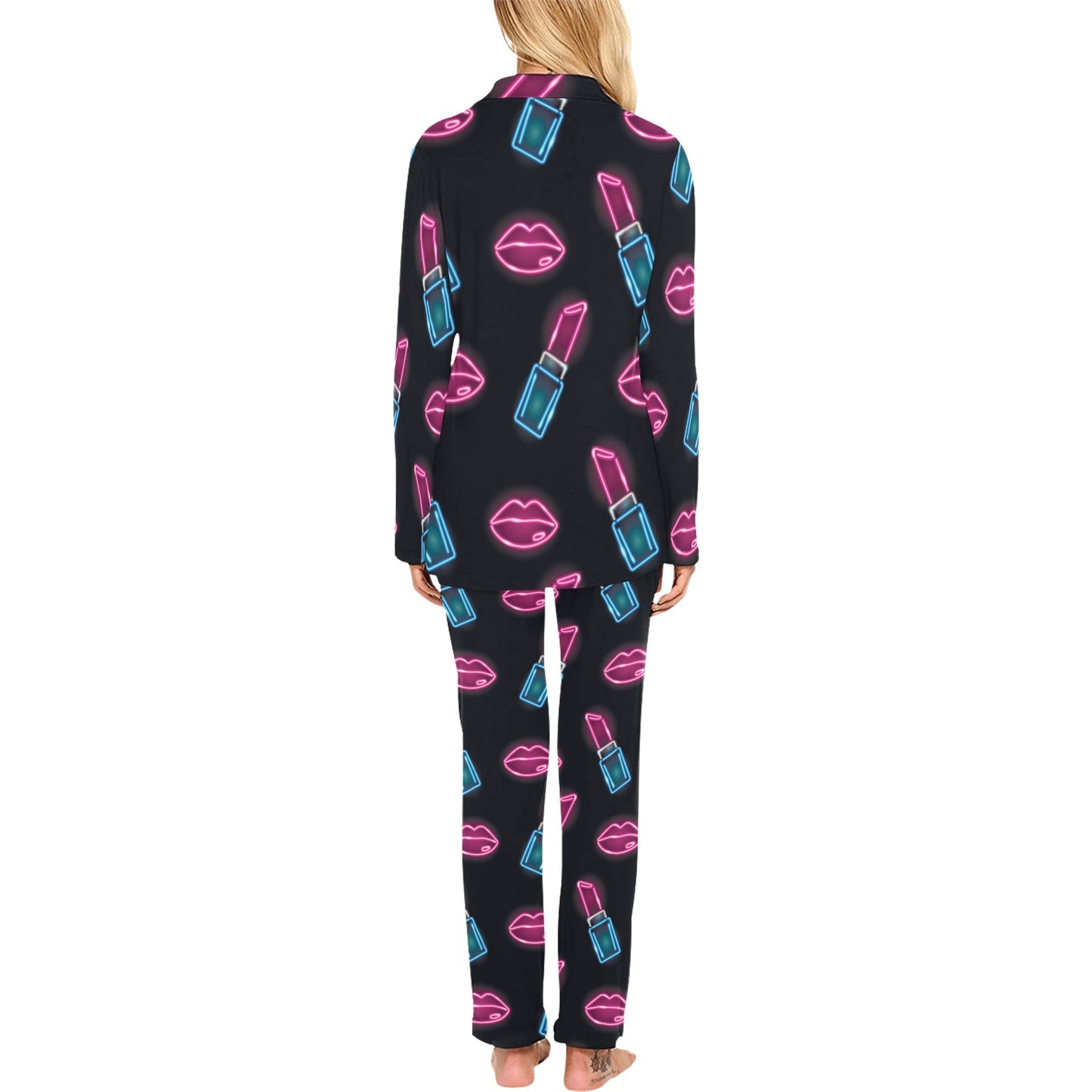 Lipstick Color Neon Pattern Print Design 03 Women's Long Pajama Set