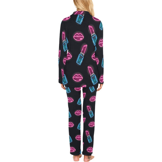 Lipstick Color Neon Pattern Print Design 03 Women's Long Pajama Set