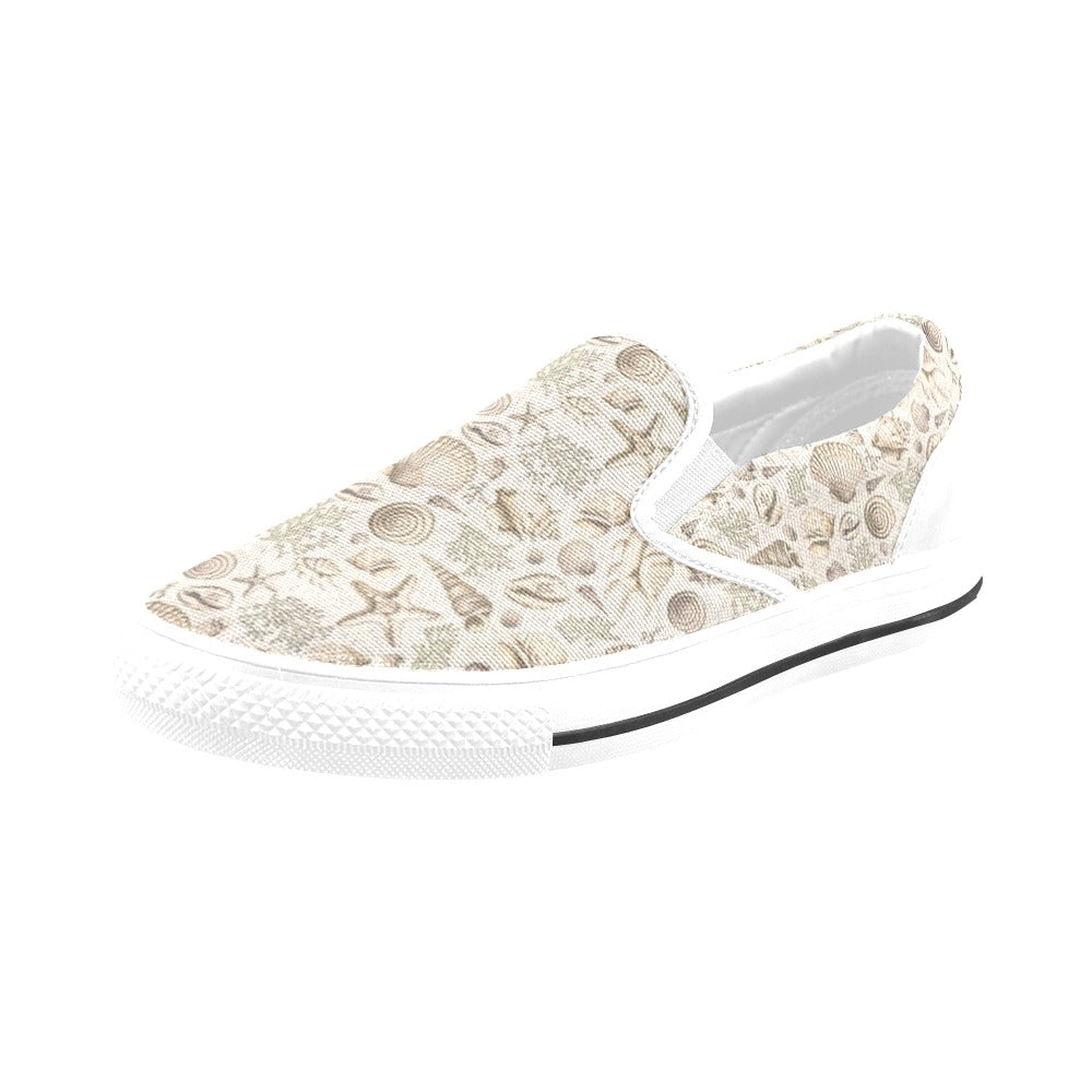 Seashell Print Design LKS304 White Slip Ons Canvas Women's Shoes