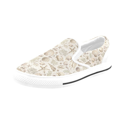 Seashell Print Design LKS304 White Slip Ons Canvas Women's Shoes