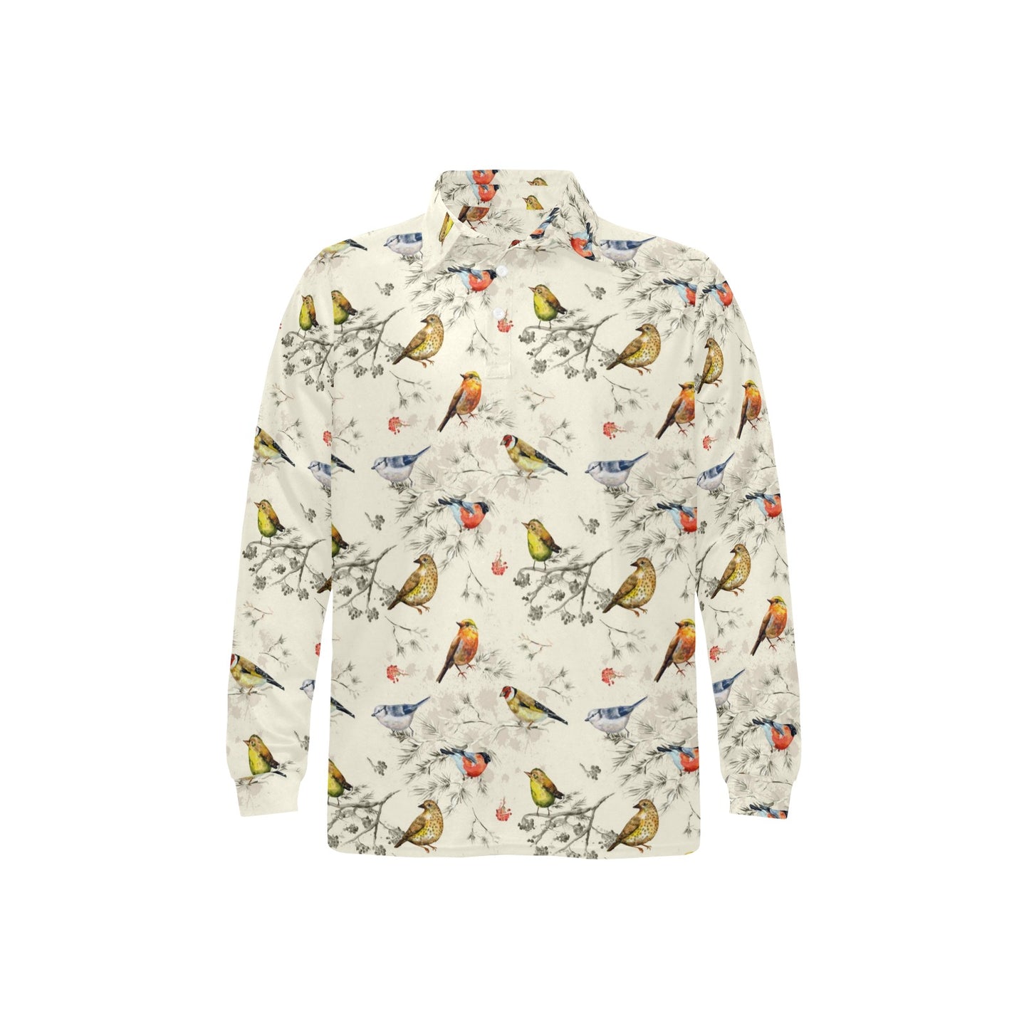 Bird Watercolor Design Pattern Long Sleeve Polo Shirt For Men's