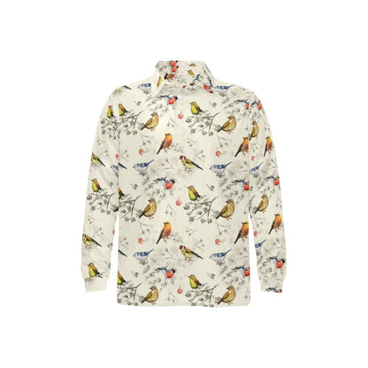 Bird Watercolor Design Pattern Long Sleeve Polo Shirt For Men's