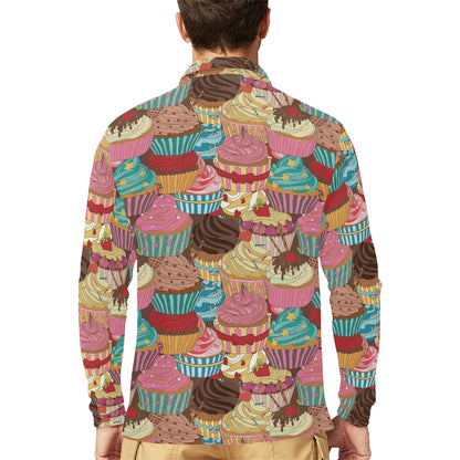 Cupcake Pattern Print Design CP01 Long Sleeve Polo Shirt For Men's