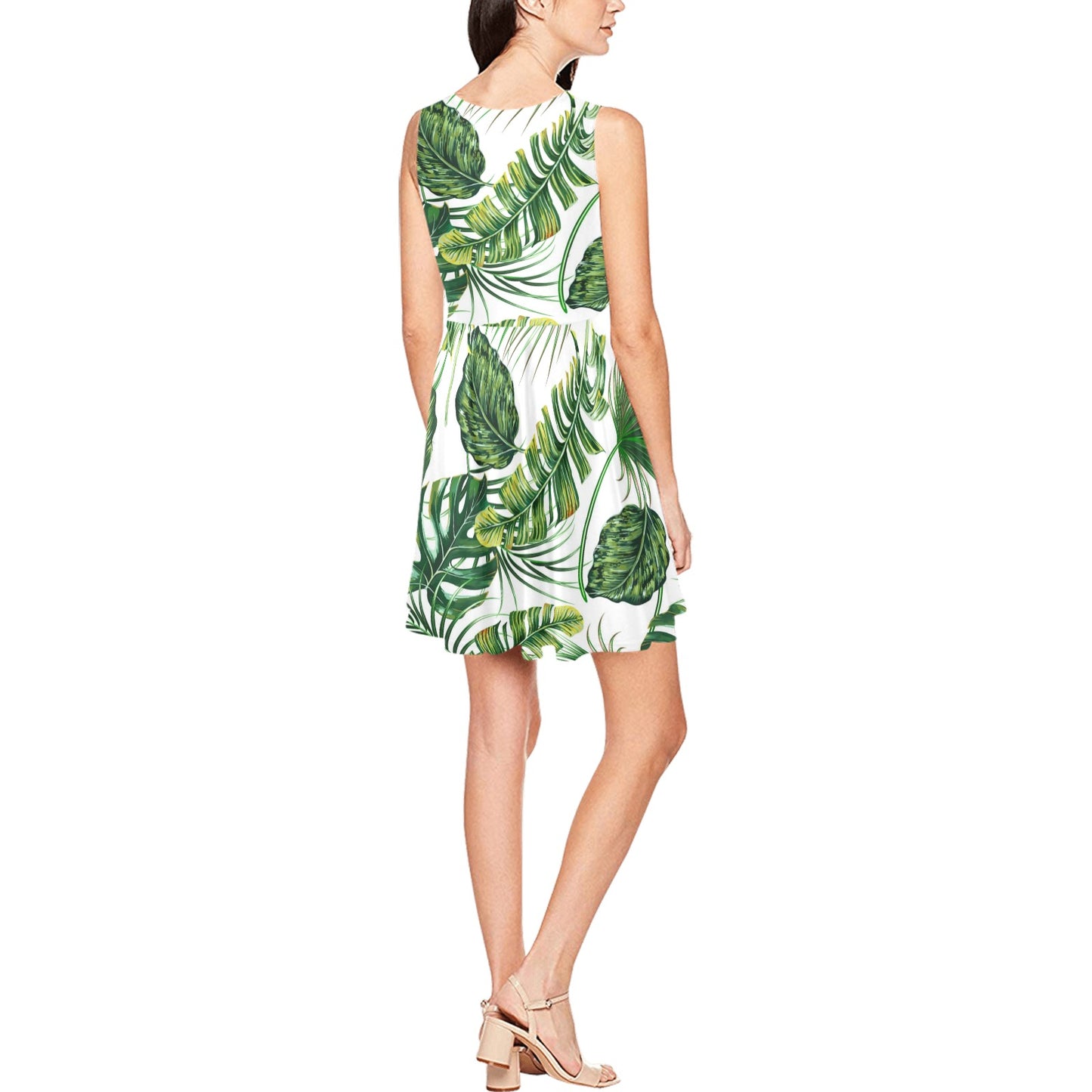 Green Pattern Tropical Palm Leaves Sleeveless Dress