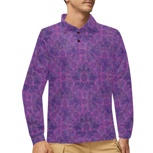 Bohemian Lotus Mandala Style Long Sleeve Polo Shirt For Men's