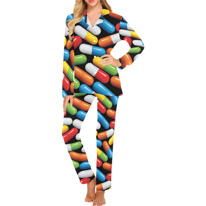 Pill Pattern Print Design A02 Women's Long Pajama Set