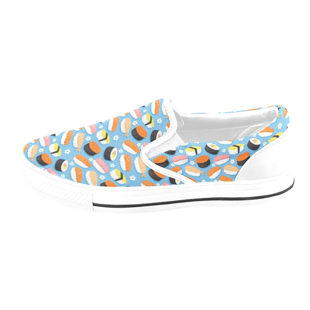 Sushi Print Design LKS304 White Slip Ons Canvas Women's Shoes