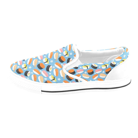 Sushi Print Design LKS304 White Slip Ons Canvas Women's Shoes