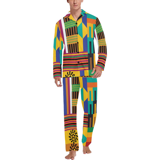 Kente Pattern Print Design 03 Men's Long Pajama Set