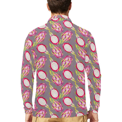 Dragonfruit Pattern Print Design DF03 Long Sleeve Polo Shirt For Men's