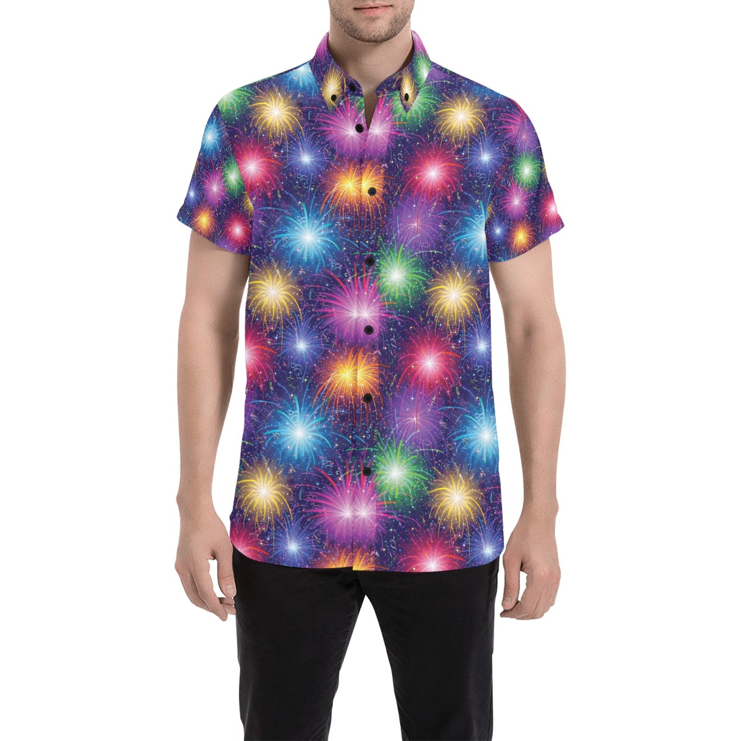 Firework Colorful Print Design LKS301 Men Short Sleeve Button Up Shirt