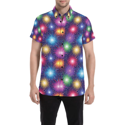 Firework Colorful Print Design LKS301 Men Short Sleeve Button Up Shirt
