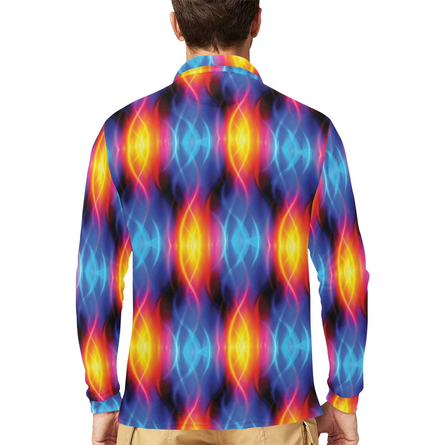 Flame Fire Blue Design Print Long Sleeve Polo Shirt For Men's