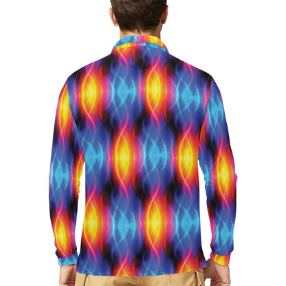 Flame Fire Blue Design Print Long Sleeve Polo Shirt For Men's