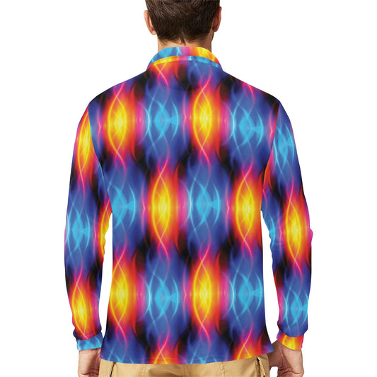 Flame Fire Blue Design Print Long Sleeve Polo Shirt For Men's