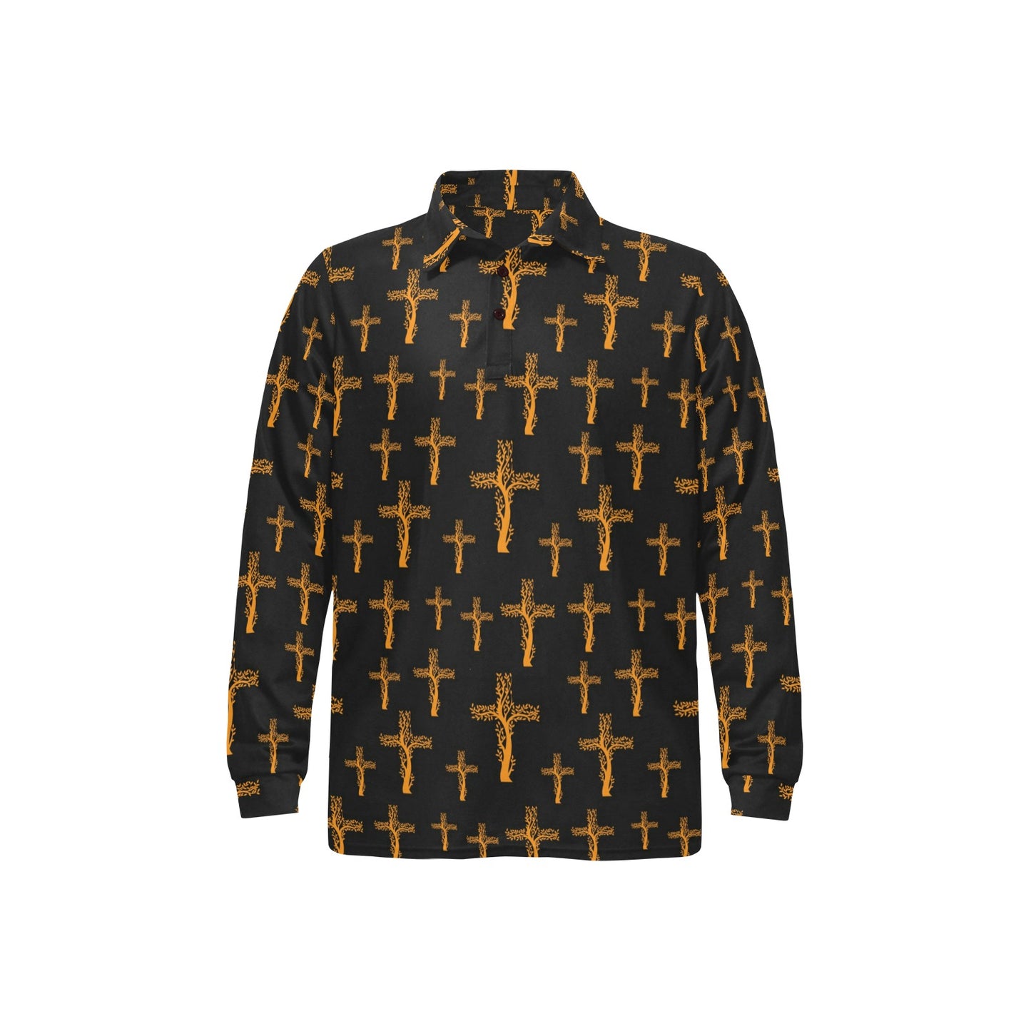 Christian Tree of Life Cross Design Long Sleeve Polo Shirt For Men's