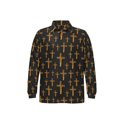 Christian Tree of Life Cross Design Long Sleeve Polo Shirt For Men's