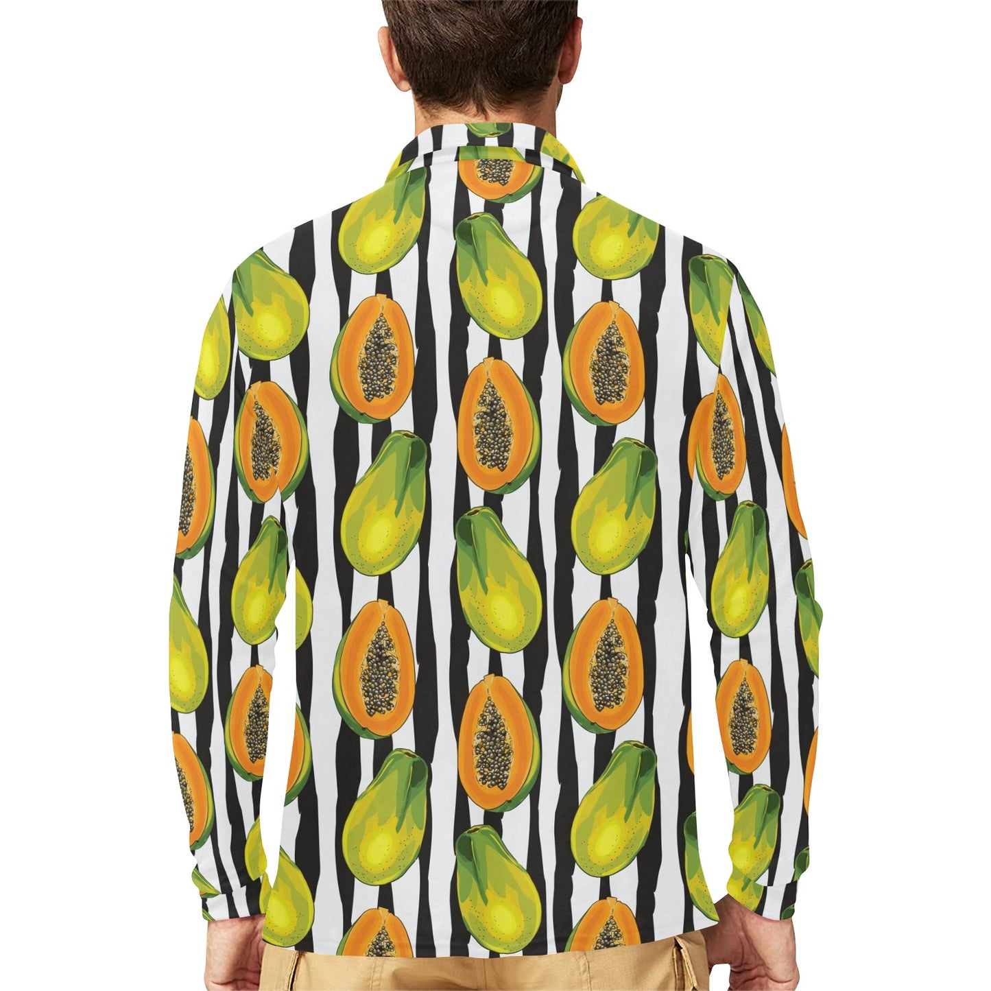 Papaya Pattern Print Design PP01 Long Sleeve Polo Shirt For Men's
